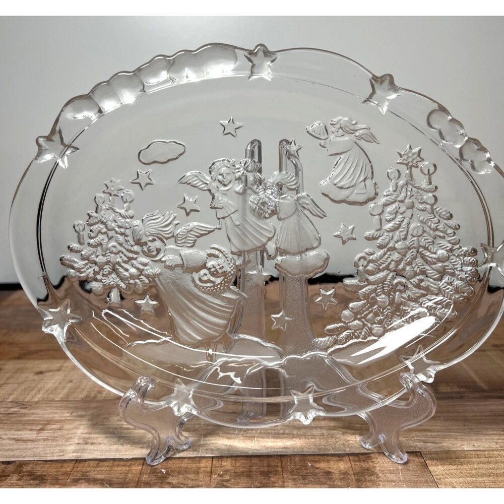 Vintage Indiana Glass Angel Star Crystal Serving Tray Angels Frosted